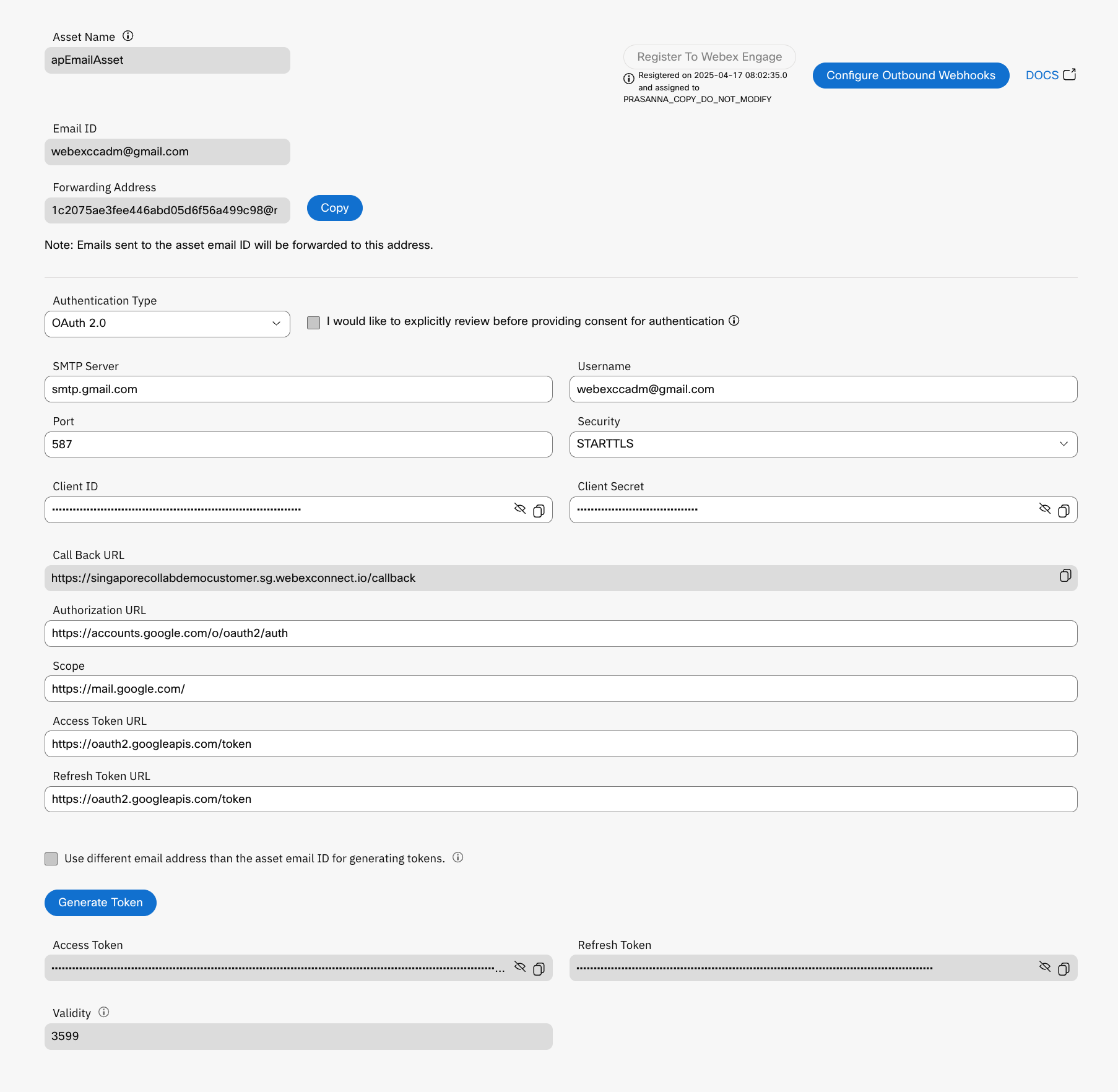 Main Configure Email App in Webex Connect